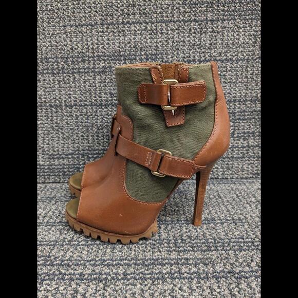 Tory Burch Oren Peep Toe Ankle Booties Olive Brown Women 7.5 - Picture 2 of 14